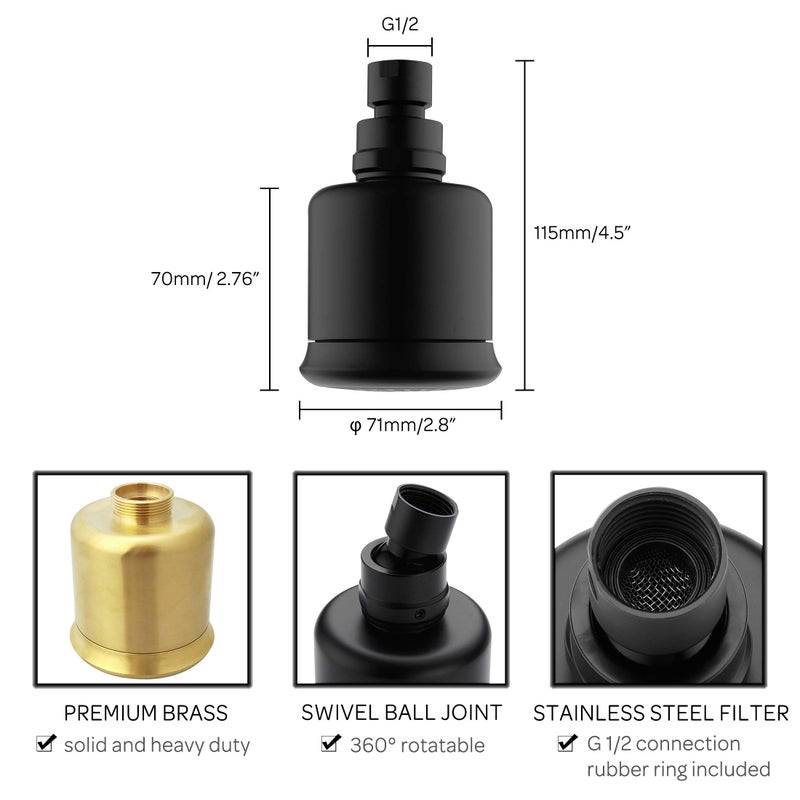 orhemus Solid Brass Shower Head - High Pressure Showerhead with Filter and 360 degrees Adjustable Swivel, Replacement for Bathroom Low Flow, Matte Black 2.8 inch Heavy Duty - Image 4
